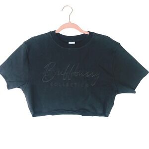 Buffbunny Collection Womens Black Crop Short Sleeve Sweatshirt Medium Tonal Logo